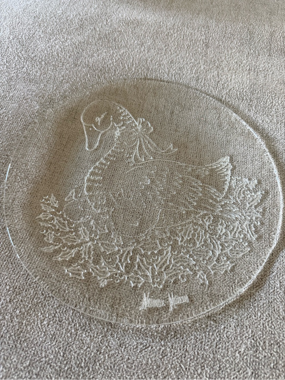 Neiman Marcus etched Glass mother goose Christmas cookie Tray - Transparent